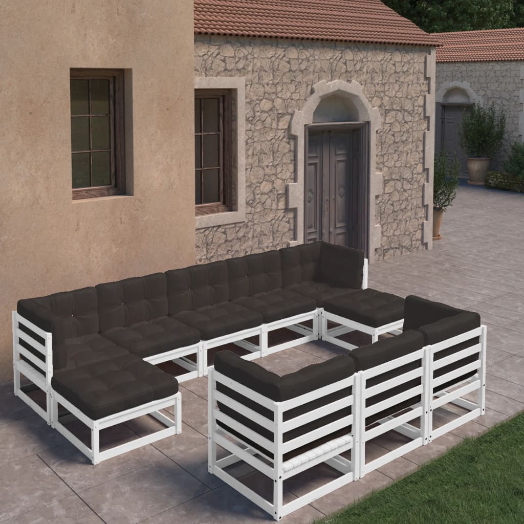 10-tlg. Garten-Lounge-Set mit Kissen Weiss Kiefer Massivholz